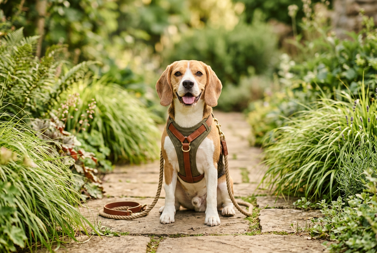 A cheerful beagle beside green grasses on a garden path.