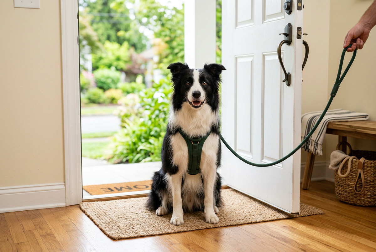 A black-and-white border collie waiting by an open doorway.