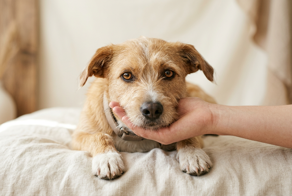 A gentle tan-and-white dog resting its chin on a person's hand.